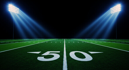 Empty football field with stadium lights at night