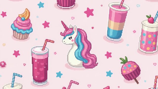 Colorful design featuring unicorns surrounded by cupcakes on a pink background