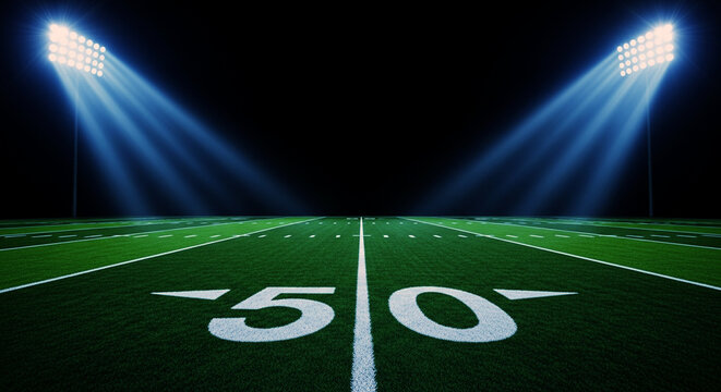 Empty football field with stadium lights at night
