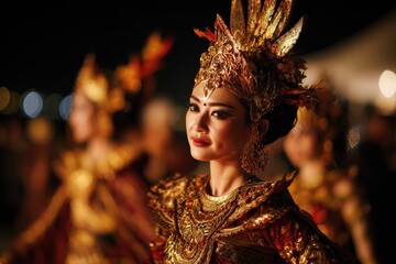 A graceful Indonesian dancer in a red and gold outfit performs elegantly on a nighttime stage
