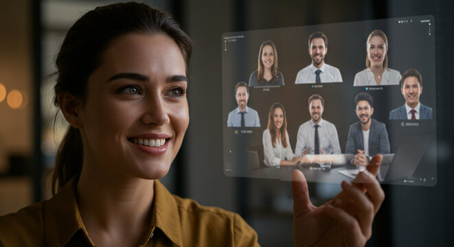 Happy Businesswoman in Virtual Meeting, Modern Technology, Video Conference - High-quality stock image for commercial use - Powered by Adobe