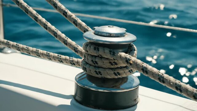 Close-up of thick ropes and pulley on a sailboat deck, swaying gently with boat motion, deep blue ocean in the sunlit background.

