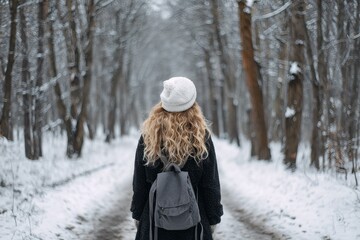 Fototapeta premium A girl with curly blonde hair in a long dark coat and white hat strolls through a snowy forest park carrying a backpack