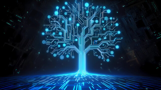 futuristic glowing digital tree. The tree is designed with neon blue circuitry lines, resembling electronic circuits and microchips.