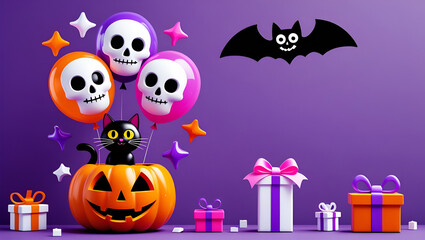 Playful Halloween Scene With Skulls Cat Bat And Gifts balloons pumpkin