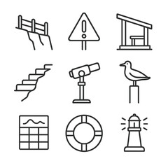 Coastal Cliff Path Icons. Line style icons of Coastal Cliff Paths: cliff fence, warning sign, wind shelter, stone step, viewing