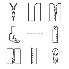 Fototapeta premium Zipper Installation Icons. Line style icons of Zipper Installation: centered zipper, lapped zipper, invisible zipper, zipper foot,