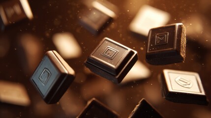 Rich dark chocolate squares captured medium shot with glowing antioxidant and shield icons softly outoffocus environment illustrating powerful wellness effects.