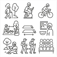 Safe Leisure Icons. Line style icons of safe recreation and leisure: masked walker in park, gym user with mask, cyclist with mask