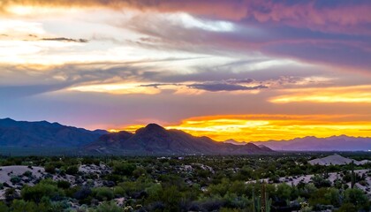 Dramatic sunset over desert mountains