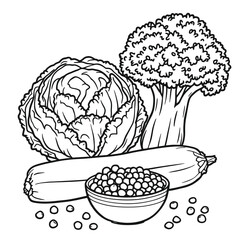 Vegetable Line Art Illustration – Black and White Drawing of Cabbage, Broccoli, Zucchini, and Peas in Bowl with Scattered Pods