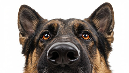 Dog close-up positioned at bottom edge of composition, worm's eye view angle, oversized black nose in foreground