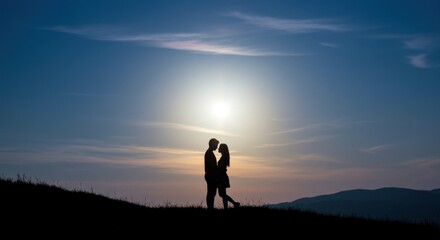 Eternal Embrace under Twilight Sky: A silhouette of a loving couple stands hand-in-hand atop a hill, bathed in the soft glow of the setting sun against a backdrop of a mesmerizing, gradient sky.