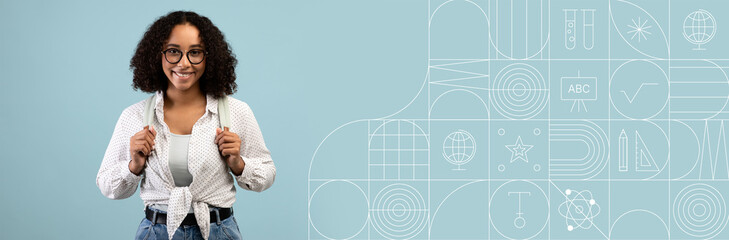 A student stands confidently while adjusting her backpack straps, surrounded by a vibrant painted background designed for learning. She appears focused and ready for her studies, embracing education.