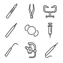 Fototapeta premium Ophthalmic Surgery Tools Icons. Line style icons of Ophthalmic Surgical Instruments: micro blade, forceps, speculum, cataract
