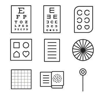 Vision Chart Icons. Line style icons of Vision Testing Charts: Snellen chart, tumbling E chart, Landolt C chart, Lea symbols chart