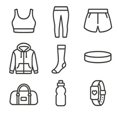 Fototapeta premium Activewear Line Icons. Line style icons of Activewear Wardrobe: sports bra, yoga legging, running short, hoodie jacket,
