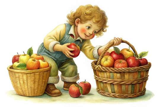 Young child stacking apples in basket with smiles outdoors  