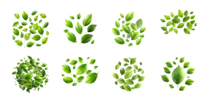 Clusters of fresh green leaves arranged in abstract shapes isolated on transparent background - Powered by Adobe