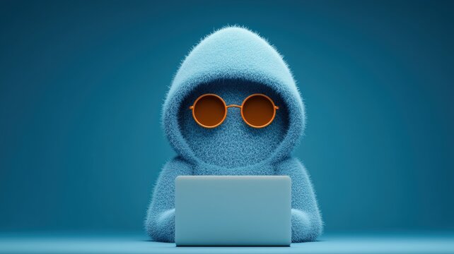 techie cartoon character in fluffy blue hoodie using laptop