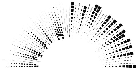 Half-circle arrangement contains irregular long square rays extending inward and outward from the curve.