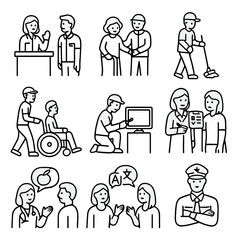 Hospital Staff Icons. Outline style icons of Hospital Staff Interaction: receptionist greeting, volunteer escort, cleaner mopping,