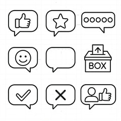 Feedback Icon Set. Outline style icons of Feedback and Review Bubbles: thumbs up bubble, star review bubble, 1 to 5 rating bubbles