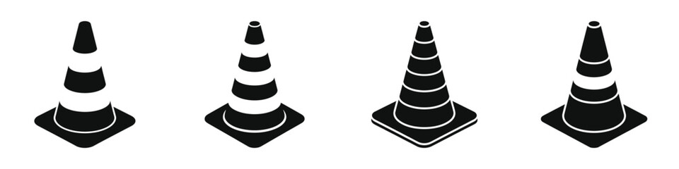 Set of Traffic Cone Silhouette Icons – Black Vector Road Safety Cones, Construction Zone Markers, Warning Sign, Isolated Illustration for Traffic Control, Safety Equipment, and Urban Design