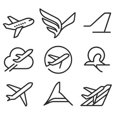 Naklejka premium Airline Logo Icons. Outline style icons of Airline Logos and Branding: stylized airplane logo, wing icon logo, abstract aircraft