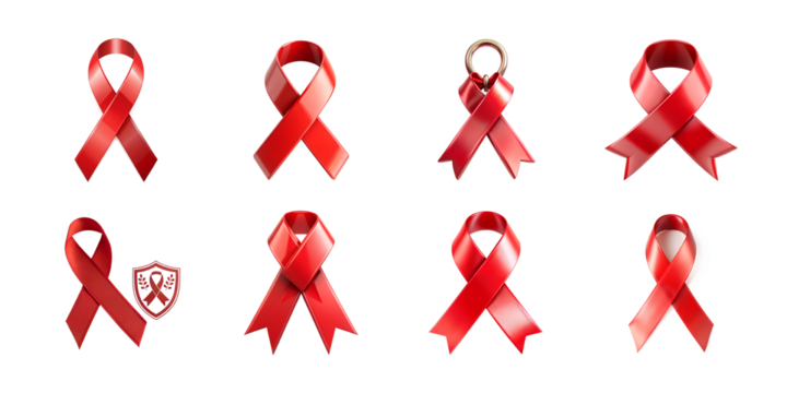 Collection of red awareness ribbons and a shield emblem isolated on transparent background