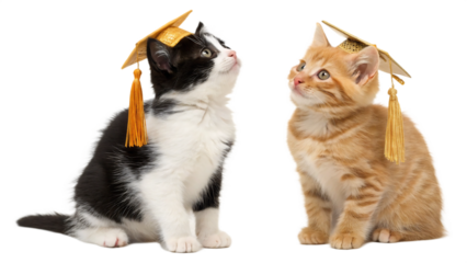 Two adorable kittens wearing graduation caps looking upwards with hopeful expressions