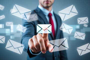 Email Marketing Strategy A Businessman Touching a Digital Email Icon Surrounded by Floating Envelopes Representing Online Communication and Digital Marketing