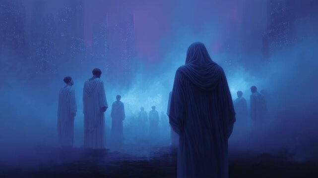 Mysterious silhouettes in misty blue landscape. Eerie figures standing in fog. Atmospheric scene with ghostly shapes. Concept of afterlife, purgatory or spiritual realm.