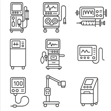 ICU Machines Outline Icons. Outline style icons of Advanced ICU Machines: dialysis machine, ECMO system, syringe driver,