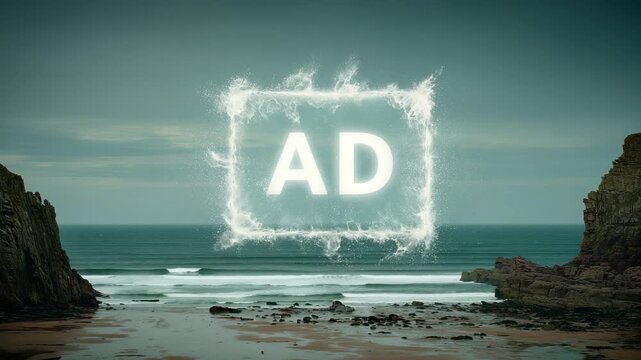 Smooth zoom in shot of glowing water splash frame with "AD" text over scenic ocean beach landscape