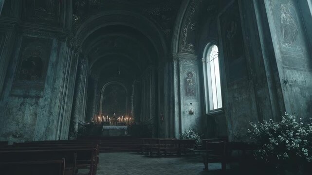 Eerie abandoned gothic church interior with arched windows and candles. Atmospheric 3D render of decaying medieval cathedral for horror game or film concept