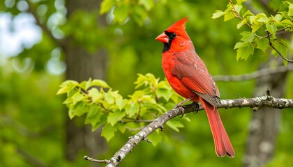 Vibrant red bird perched on a branch amidst lush green foliage (1)