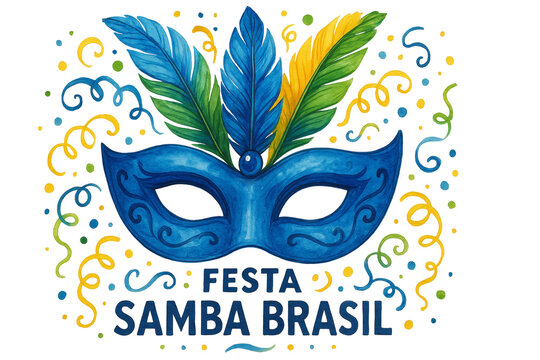 Watercolor carnival mask featuring vibrant blue hues, adorned with multicolored feathers, floating amid swirling confetti against translucent backdrop, capturing brazilian festive spirit
