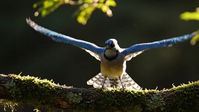 A beautiful Blue Jay is flapping its wings on a mossy stalk with a Bokeh background.