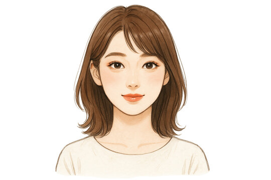 Hand drawn illustration of a young woman with brown hair and a gentle smile, conveying a sense of warmth and approachability against a transparent background, ideal for various design projects