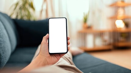 realistic smartphone mockup held in hand while lying on a couch