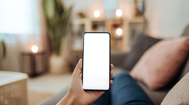 realistic smartphone mockup held in hand while lying on a couch