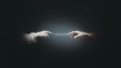 Electrical spark between human hands on dark background. Energy transfer concept. Supernatural power, magic touch visualization. Science and mysticism fusion.