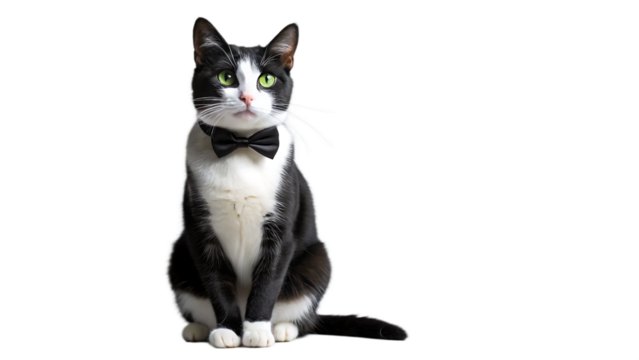 Elegant tuxedo cat with bow tie sits proudly against a stark black background