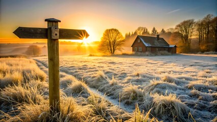 Wooden signpost in frosty field at sunrise with distant cottage and trees