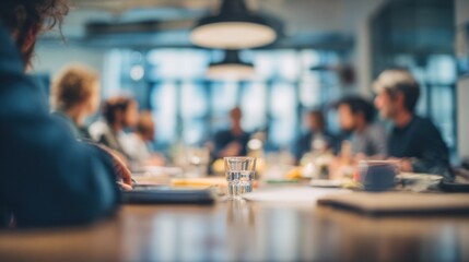 Science advisory panel focused on nutrition startups lab table medium shot with central expert in crisp detail while surrounding innovators and instruments fade into soft focus.