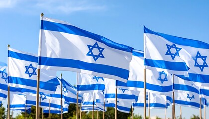 Israeli flags waving in a breeze