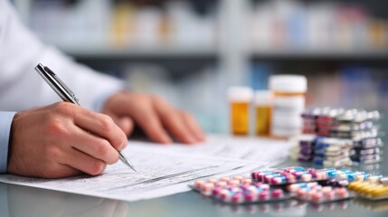 Pharmacist reviewing medication dosage charts in a medium shot with main papers and pen in focus conveying dosage optimization to reduce patient costs.