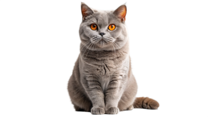 Majestic british shorthair cat with striking orange eyes sits proudly against a black background