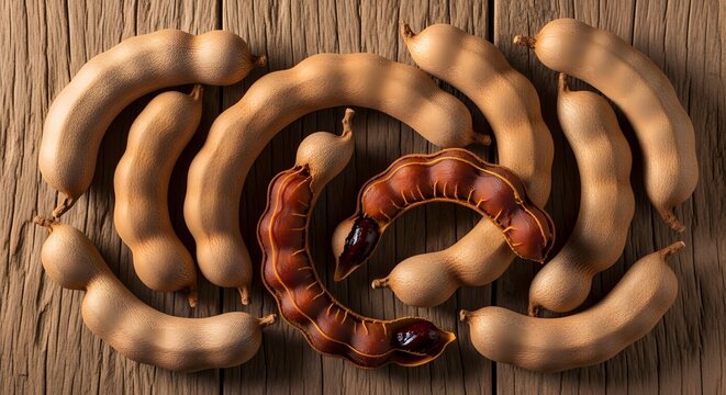 Fresh tamarind fruit pods arranged on a textured wooden board, with one broken open revealing the edible pulp.